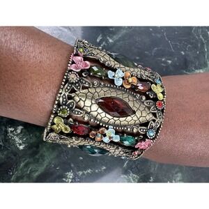 Vintage Boho Multicolored Rhinestone Floral Gold Tone Statement Cuff Bracelet
